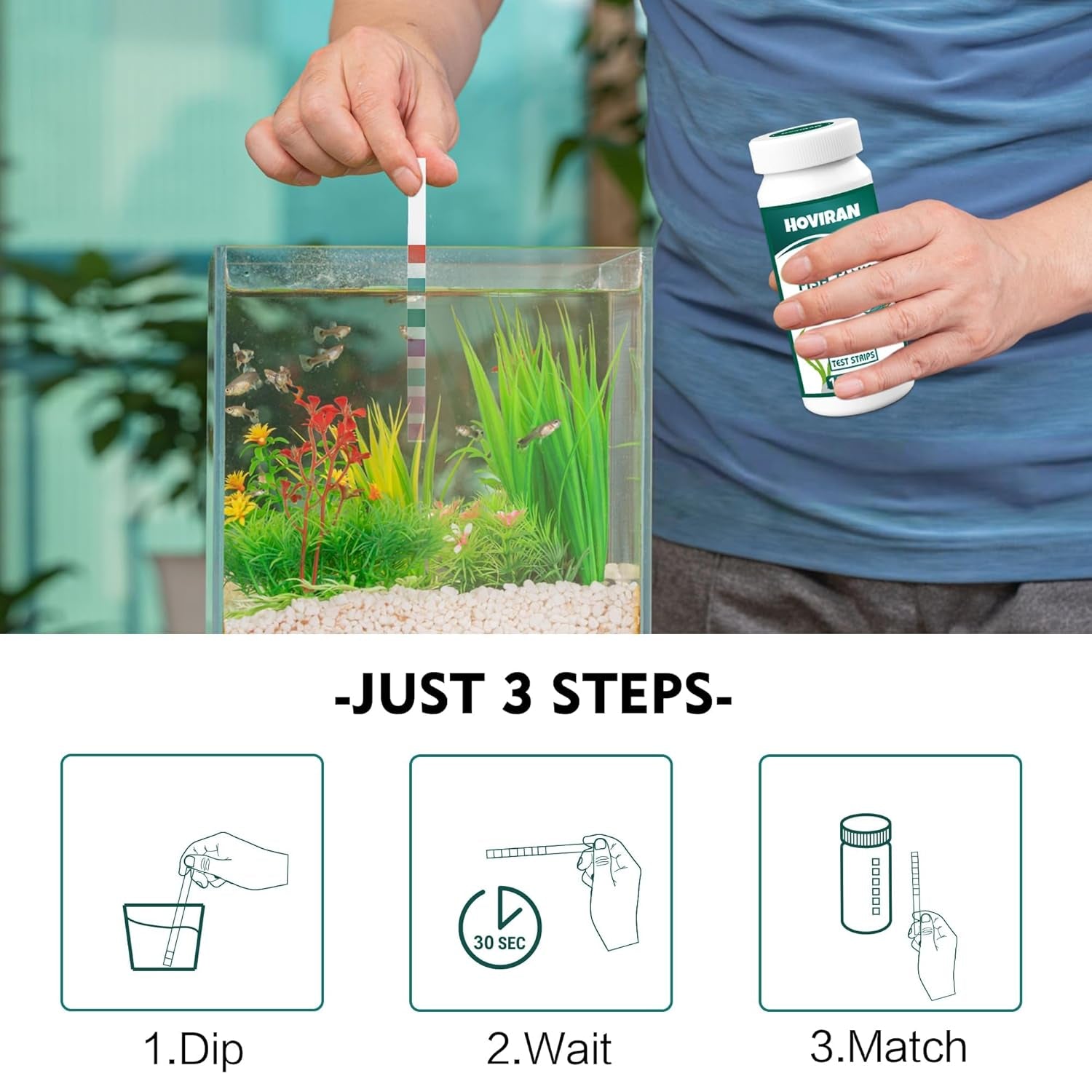7 Way Aquarium Test Strips, 125 Strips for Fish Tank & Pond Test Kit | Freshwater Saltwater Water Testing Kit Aquarium for Chlorine, Total Hardness, Carbonate, Alkalinity, Nitrate, Nitrite and Ph