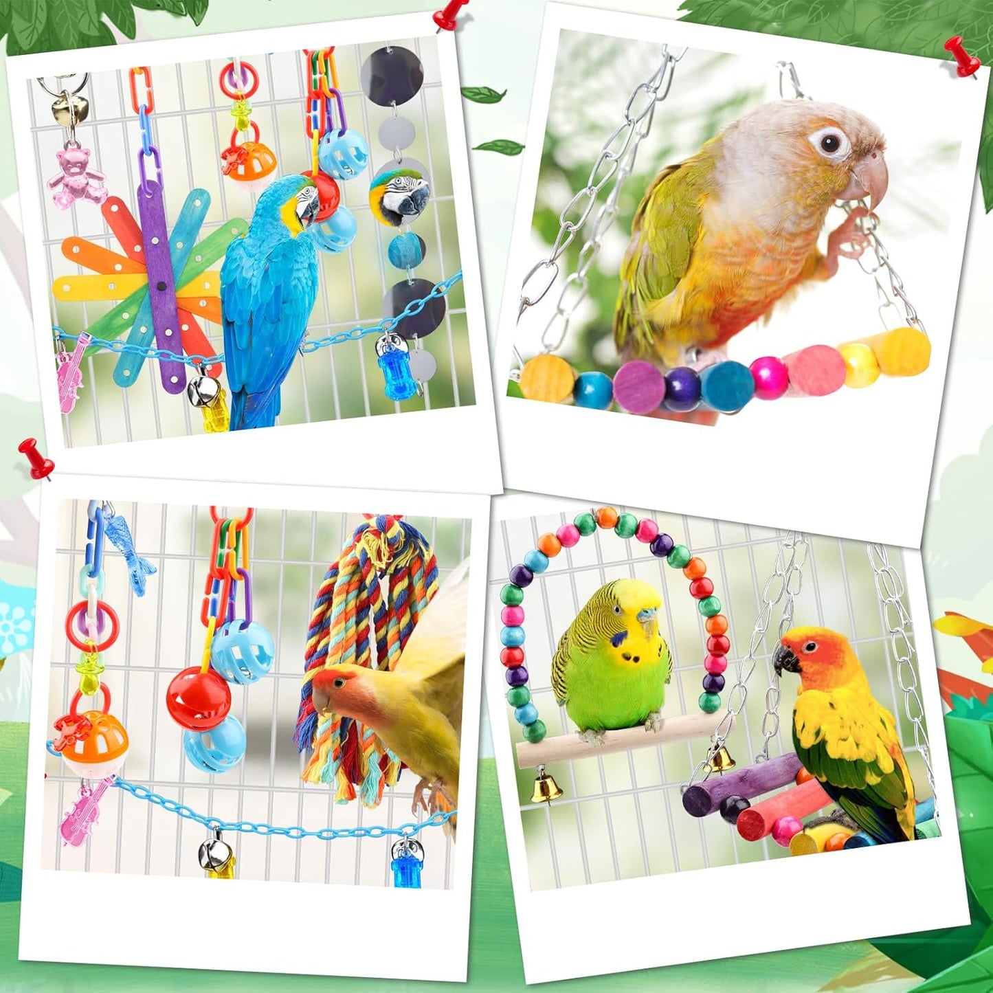 9 Pcs Parakeet Cockatiel Bird Toys, Parrots Cage Accessories Swing Rope Hanging Wooden Perch Chewing Toy for Budgerigar, Parrot, Cockatiel
