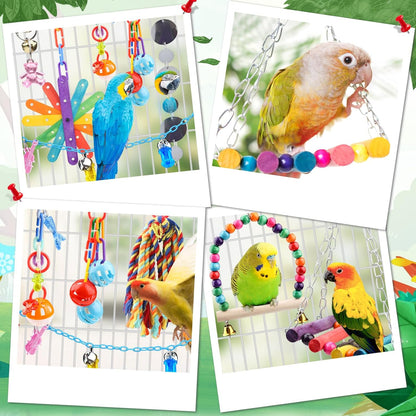 9 Pcs Parakeet Cockatiel Bird Toys, Parrots Cage Accessories Swing Rope Hanging Wooden Perch Chewing Toy for Budgerigar, Parrot, Cockatiel