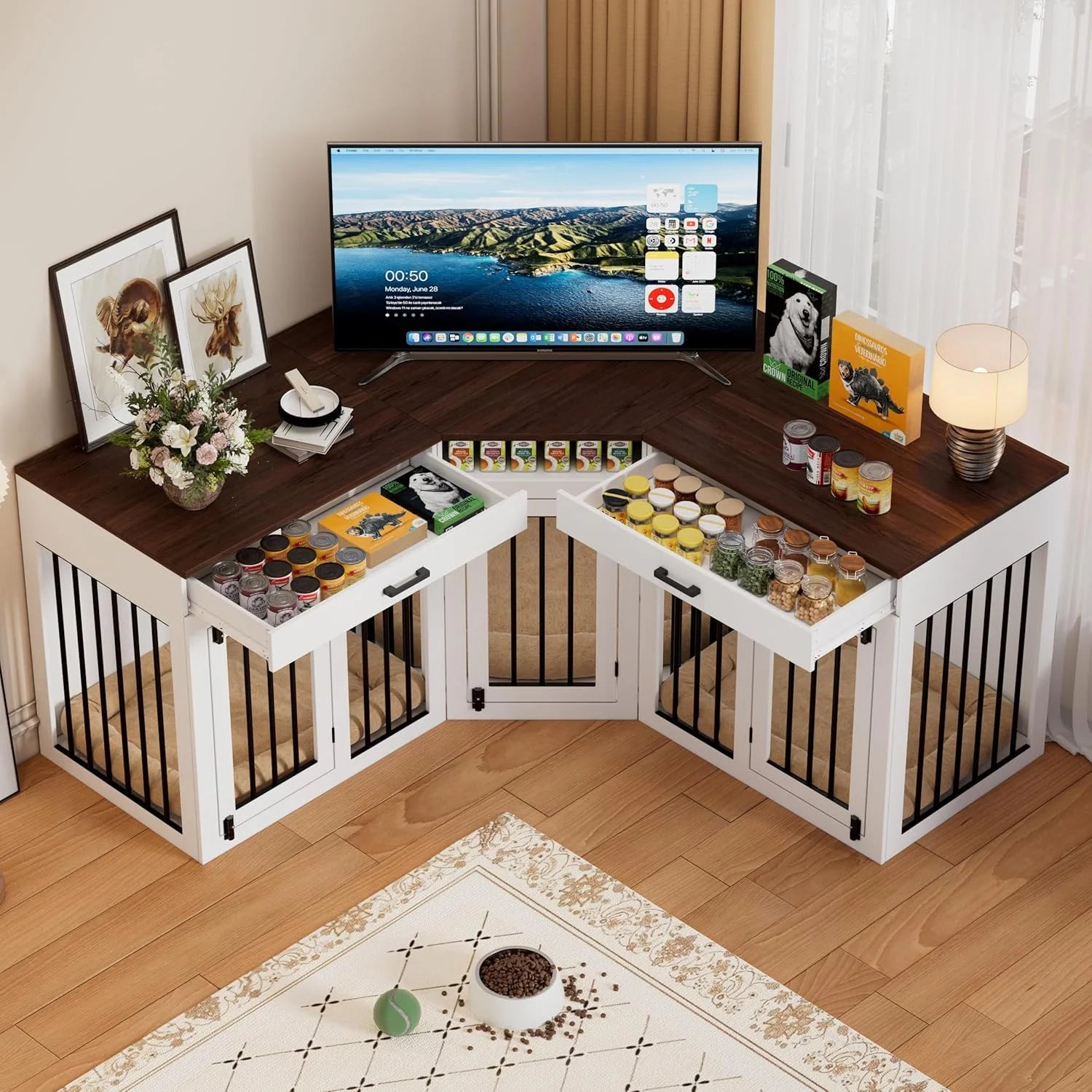 L-Shaped Corner Dog Crate Furniture Large Breed, 3 in 1 Corner Dog Crate Furniture, Wooden Dog Crate Kennel with 2Drawers,Divider,Power Outlet for Small,Medium,Large Dogs