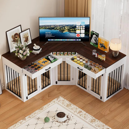 L-Shaped Corner Dog Crate Furniture Large Breed, 3 in 1 Corner Dog Crate Furniture, Wooden Dog Crate Kennel with 2Drawers,Divider,Power Outlet for Small,Medium,Large Dogs