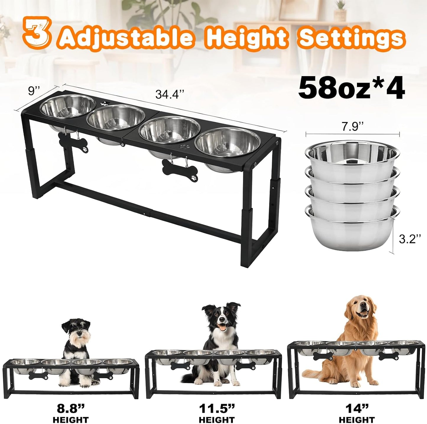 Metal Elevated Dog Bowls for Medium/Large Breed, 3 Adjustable Height(8.8"/11.5"/14") Raised Dog Bowls Stand with Four 58Oz Stainless Steel Bowls, for Neck & Joint Protection