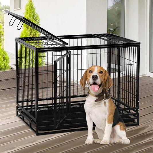 42'' Heavy Duty Dog Crate for Large Dogs Double Doors & Locks Design Escape Proof Strong Metal Dog Cage with Wheels, Indoor Large Dog Crate Heavy Duty Stackable Dog Kennel with Tray