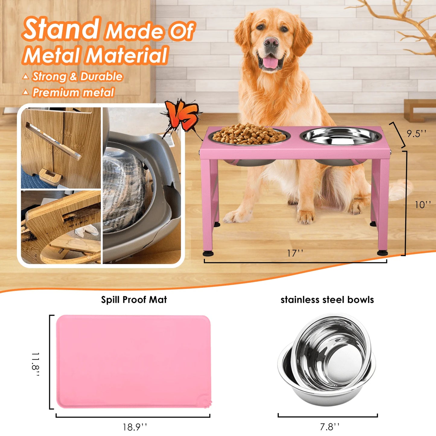 Pink Metal Raised Dog Bowl Stand for Large Dogs, Stronger Elevated Dog Bowls with Sprill Proof Mat, Dog Food & Water Bowls 10In Tall Dog Feeder (42Oz-Stainless Steel Dog Bowls, Mat-12X19 In)