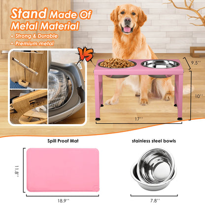 Pink Metal Raised Dog Bowl Stand for Large Dogs, Stronger Elevated Dog Bowls with Sprill Proof Mat, Dog Food & Water Bowls 10In Tall Dog Feeder (42Oz-Stainless Steel Dog Bowls, Mat-12X19 In)