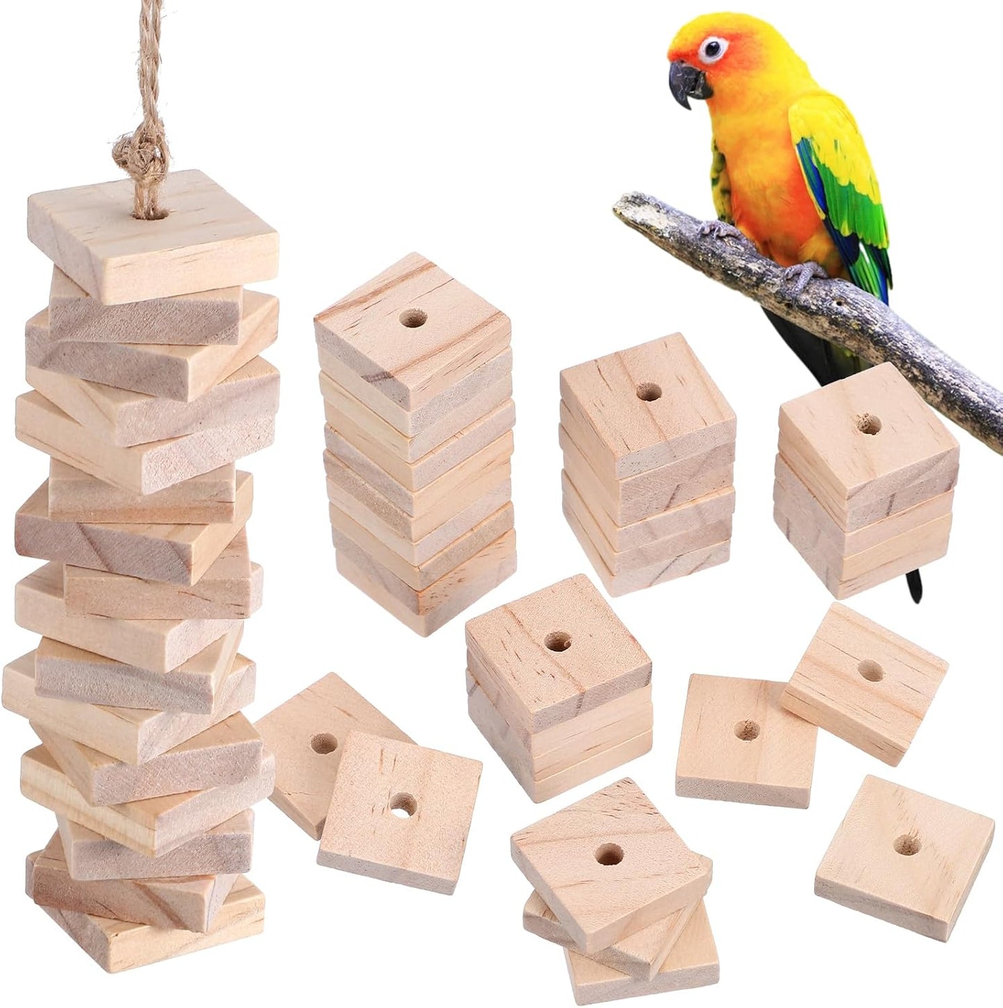 Parrot Toys: 100PCS Wooden Chewing Blocks, Thick Natural Wood for Bird Chew Training, DIY Cage Toys for Parakeet Budgie Conure Macaw Cockatoo