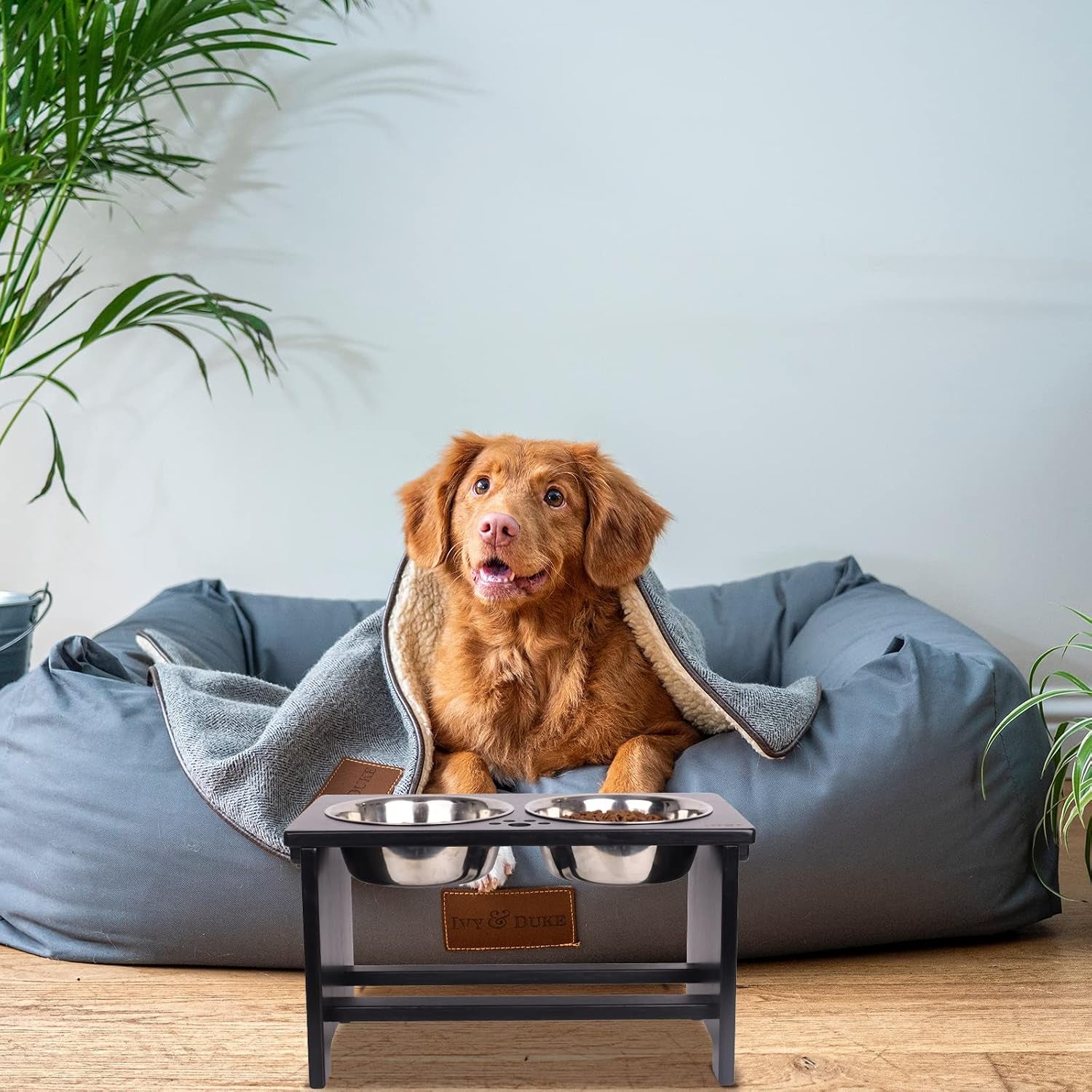 Elevated Dog Bowl Stand with 2 Stainless Steel Bowls-10 H Large Black | Raised Dog Bowl Stand, 10"Tall, 48 Oz Bowls, for Large Sized Dogs, Pet-Safe, Solid Bamboo