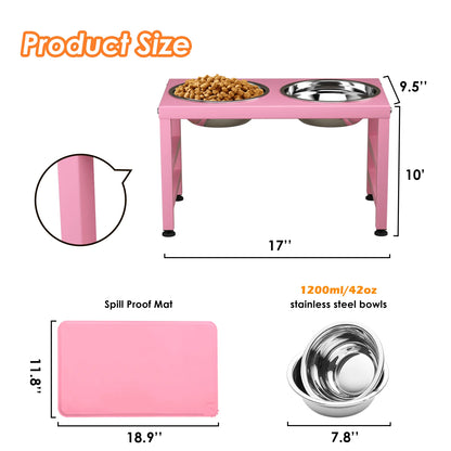 Pink Metal Raised Dog Bowl Stand for Large Dogs, Stronger Elevated Dog Bowls with Sprill Proof Mat, Dog Food & Water Bowls 10In Tall Dog Feeder (42Oz-Stainless Steel Dog Bowls, Mat-12X19 In)