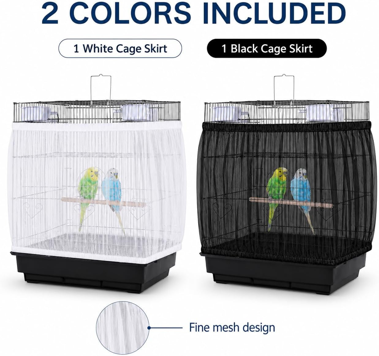 2 Pack Bird Cage Seed Catcher - Adjustable Bird Cage Skirt Cover with Breathable Mesh Netting, Universal Seed Catcher Net Cover Fit for Parrot Cage, Parakeet Cage, Large and Small Bird Cages | Black & White, Fits 55-100 in Circumference, 16 in High, Breathable Seed Guard for Parrot, Parakeet and Cockatiel Cages