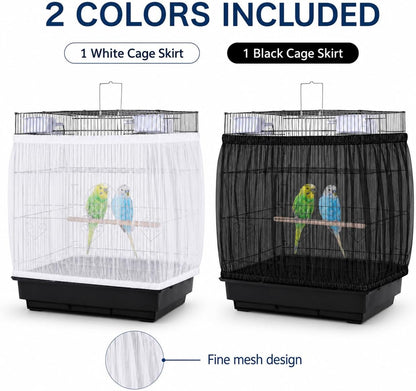 2 Pack Bird Cage Seed Catcher - Adjustable Bird Cage Skirt Cover with Breathable Mesh Netting, Universal Seed Catcher Net Cover Fit for Parrot Cage, Parakeet Cage, Large and Small Bird Cages | Black & White, Fits 55-100 in Circumference, 16 in High, Breathable Seed Guard for Parrot, Parakeet and Cockatiel Cages