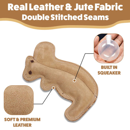 Dura-Fused Squirrel Dog Toy, Real Leather & Jute Fabric Toy for Moderate Chewers, Small & Medium Dogs, 8In