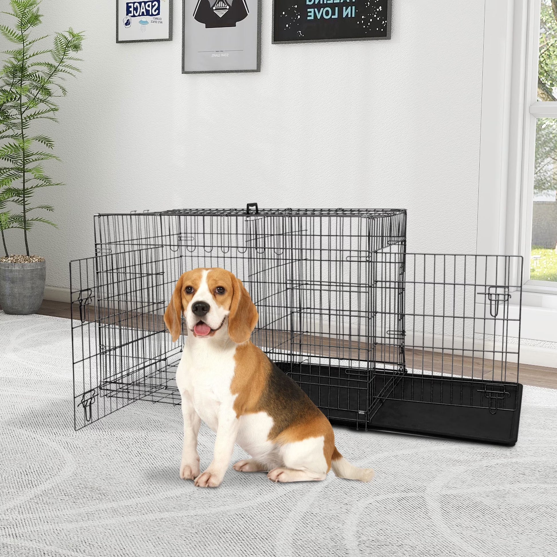 36 Inch Dog Crate, Dog Crates and Kennels Foldable Large Dog Crate for Large Dogs with Handle Double-Door Outdoor Metal Wire Dog Cage with Plastic Tray for Medium Dogs, Black