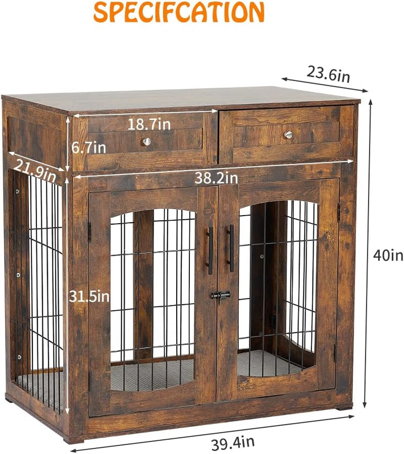 Dog Crate Furniture with Double Drawers, Wooden End Table Dog Kennel, Furniture Style Wood House Crate for Large Dogs, Decorative Dog Crate with Storage for Large Breed, 40 Inch Retro