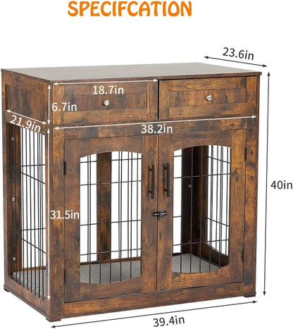Dog Crate Furniture with Double Drawers, Wooden End Table Dog Kennel, Furniture Style Wood House Crate for Large Dogs, Decorative Dog Crate with Storage for Large Breed, 40 Inch Retro