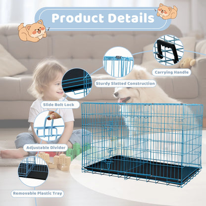 36 Inch Dog Crate, Dog Crates and Kennels for Big Dog Foldable Large Dog Crate for Large Dogs with Handle Double-Door Outdoor Metal Wire Dog Cage with Plastic Tray for Medium Dogs, Blue