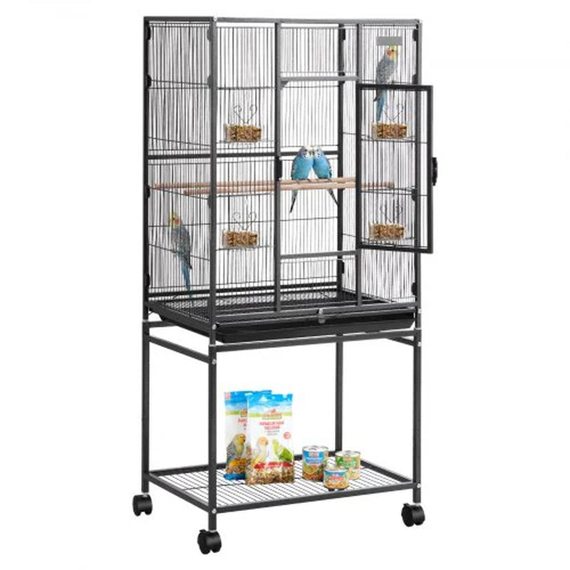 Bird Cage, 24.6 X 16.7 X 53.9 Inch, Flat Top, Wrought Iron Bird Flight Cage with Perches, Slide-Out Tray and Plastic Feeders, Casters, for Parrot, Blue Tit, Cockatiel, Canary, Budgerigar, Conure