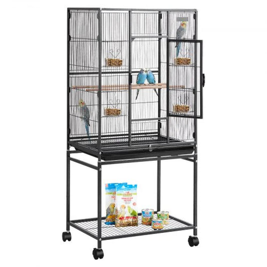 Bird Cage, 24.6 X 16.7 X 53.9 Inch, Flat Top, Wrought Iron Bird Flight Cage with Perches, Slide-Out Tray and Plastic Feeders, Casters, for Parrot, Blue Tit, Cockatiel, Canary, Budgerigar, Conure