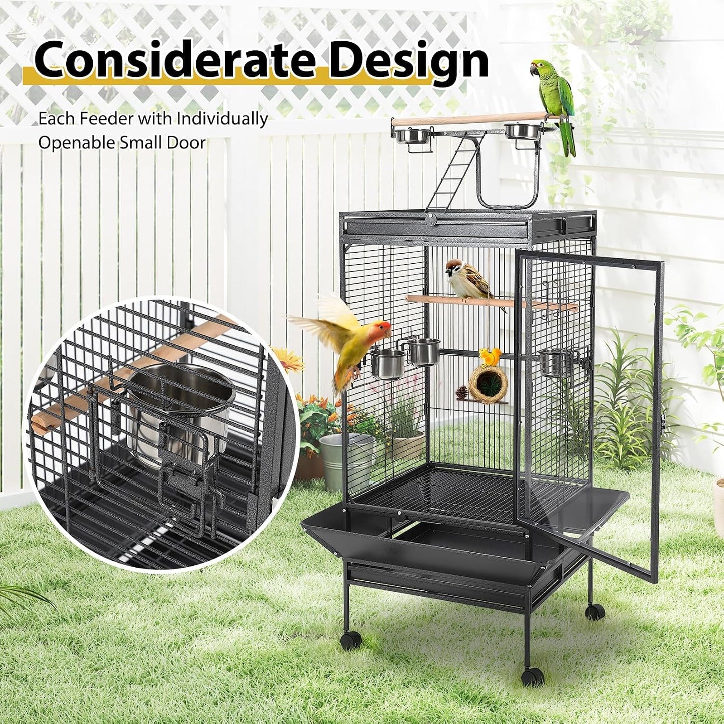 64.4” Large Parrot Cage for Birds, Heavy Duty Metal Aviary with Acrylic Door, Stainless Steel Bowls, 360° Wheels & Play Top for Cockatoos, African Greys (Black)