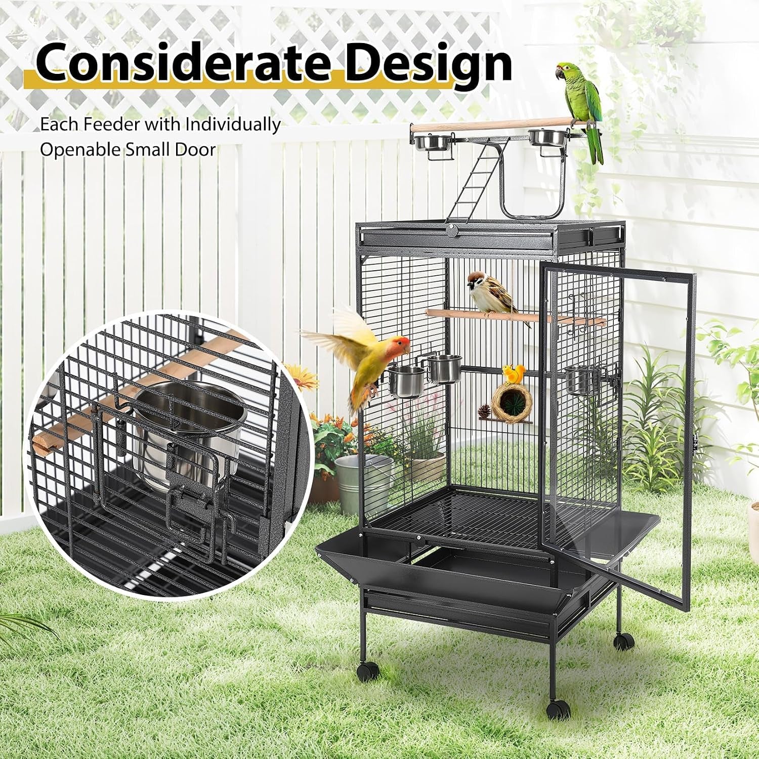 64.4” Large Parrot Cage for Birds, Heavy Duty Metal Aviary with Acrylic Door, Stainless Steel Bowls, 360° Wheels & Play Top for Cockatoos, African Greys (Black)