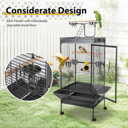 64.4” Large Parrot Cage for Birds, Heavy Duty Metal Aviary with Acrylic Door, Stainless Steel Bowls, 360° Wheels & Play Top for Cockatoos, African Greys (Black)