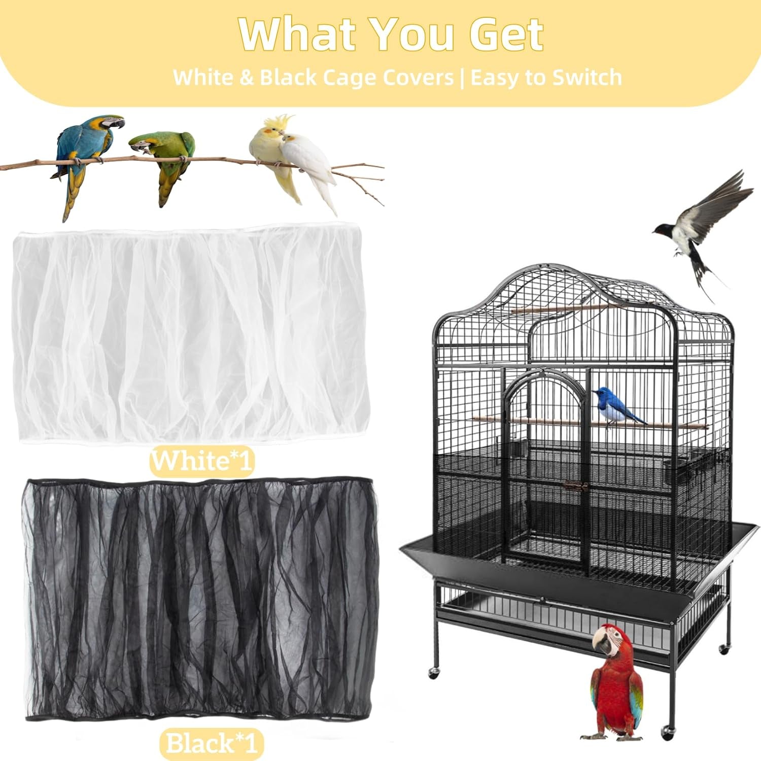 2 Pack Bird Cage Seed Catcher - Adjustable Bird Cage Skirt Cover with Breathable Mesh Netting, Universal Seed Catcher Net Cover Fit for Parrot Cage, Parakeet Cage, Large and Small Bird Cages | Black & White, Fits 55-100 in Circumference, 16 in High, Breathable Seed Guard for Parrot, Parakeet and Cockatiel Cages