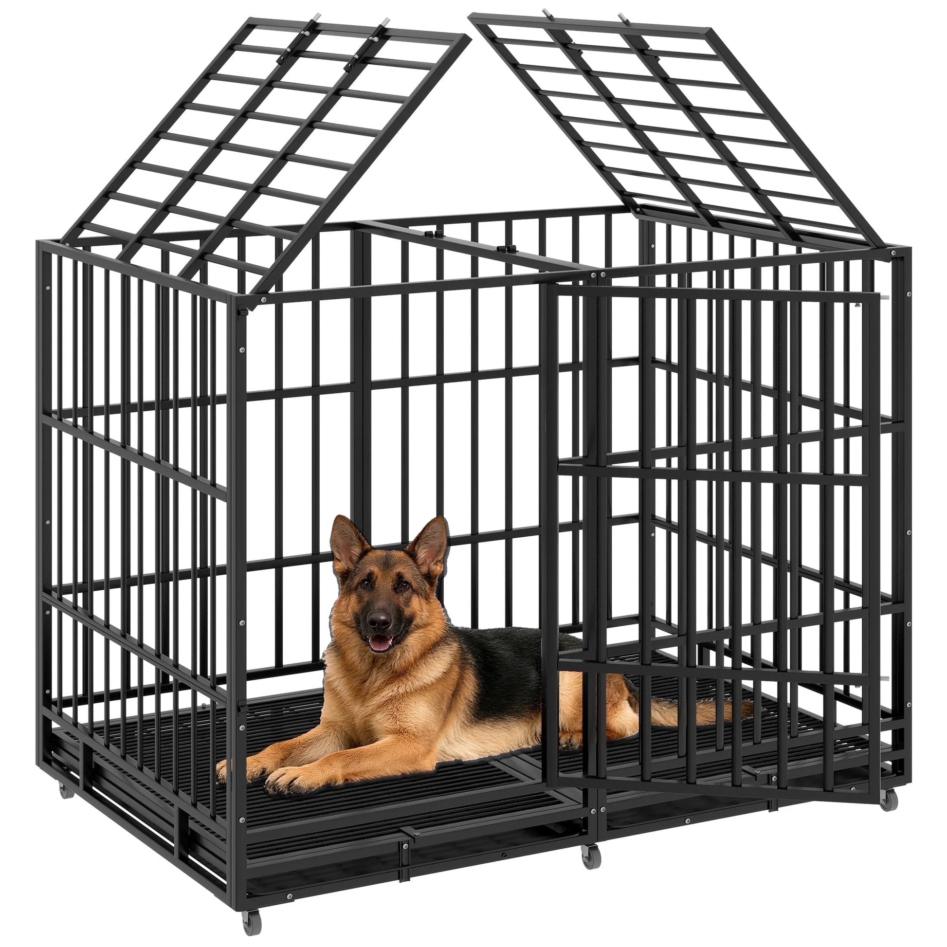 54 Inch Heavy Duty Indestructible Dog Crate Steel Escape Proof Dog Cage Kennel for Medium Large Dogs Indoor Double Door High Anxiety Dog Crate with Wheels, Lock& Removable Tray, Black