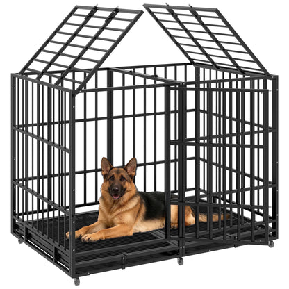 54 Inch Heavy Duty Indestructible Dog Crate Steel Escape Proof Dog Cage Kennel for Medium Large Dogs Indoor Double Door High Anxiety Dog Crate with Wheels, Lock& Removable Tray, Black