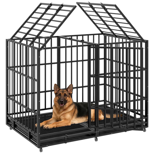 54 Inch Heavy Duty Indestructible Dog Crate Steel Escape Proof Dog Cage Kennel for Medium Large Dogs Indoor Double Door High Anxiety Dog Crate with Wheels, Lock& Removable Tray, Black