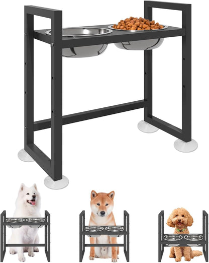 Elevated Dog Bowls Stand with 2 Stainless Steel Bowls, Black | for Large Medium Small Dogs, Adjustable Raised Dog Bowl with Non-Slip Plastic Sucker for Pet