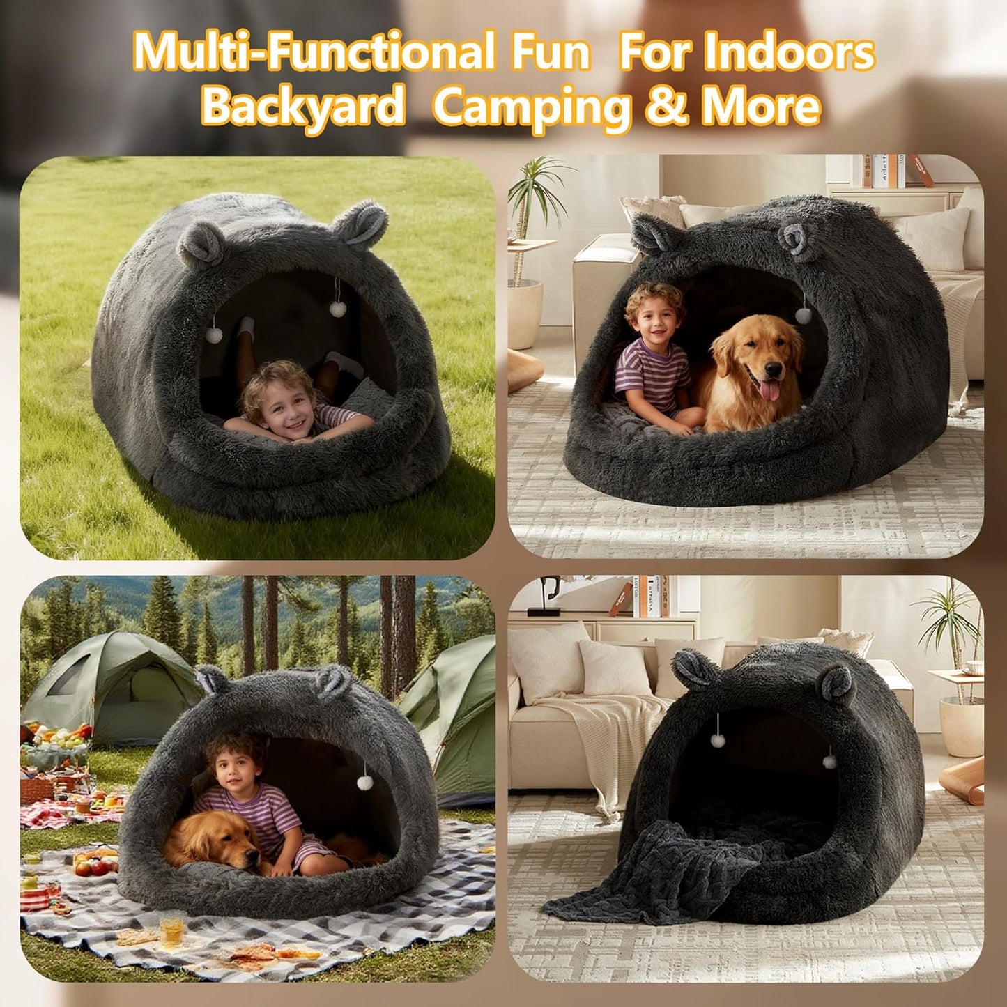 XXL Human Size Dog Bed 55"X43"X35" | Extra Large Human Size Pet Bed, Removable Pillow & Blanket Included, Machine Washable, Grey, for Adults & Pets