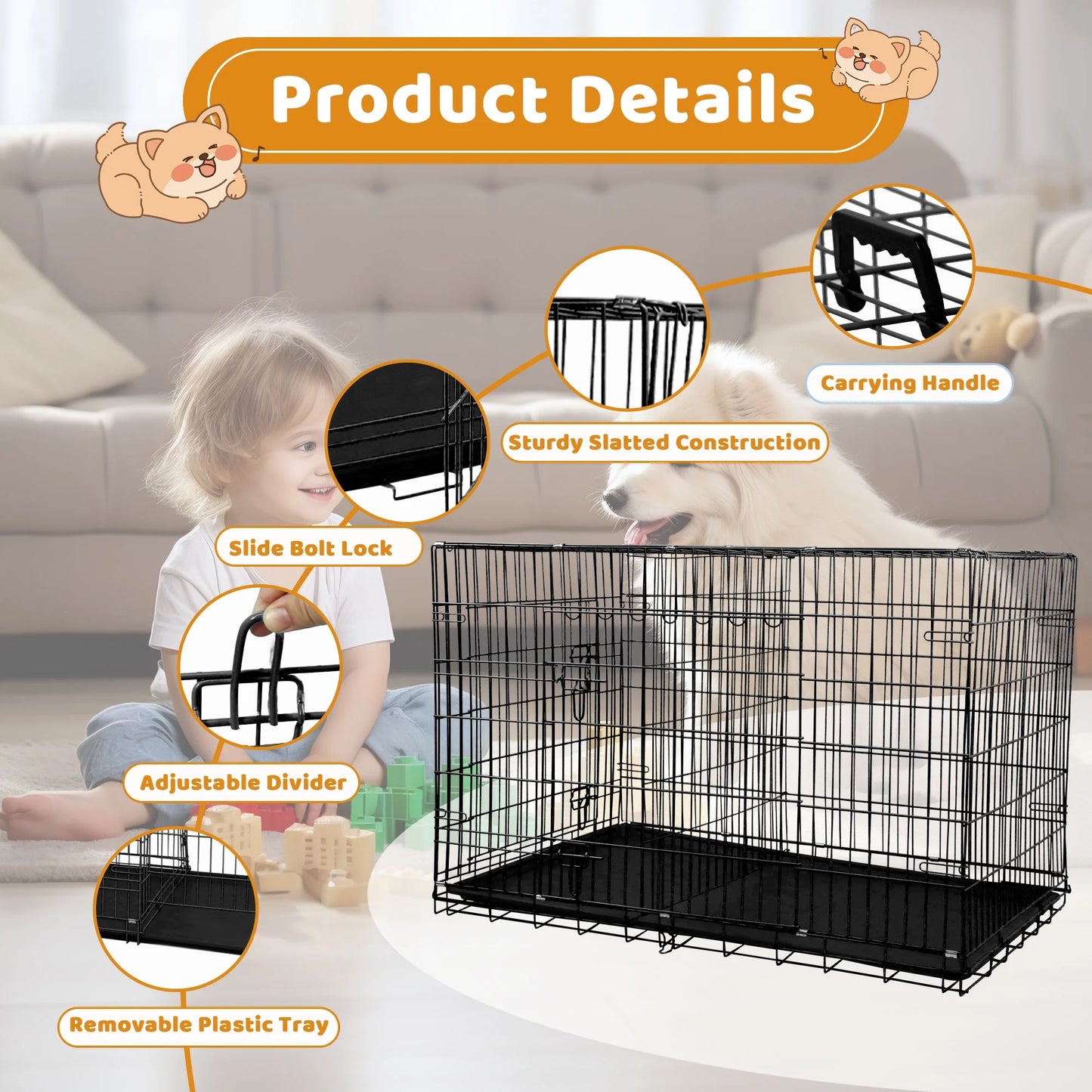 36 Inch Dog Crate, Dog Crates and Kennels Foldable Large Dog Crate for Large Dogs with Handle Double-Door Outdoor Metal Wire Dog Cage with Plastic Tray for Medium Dogs, Black