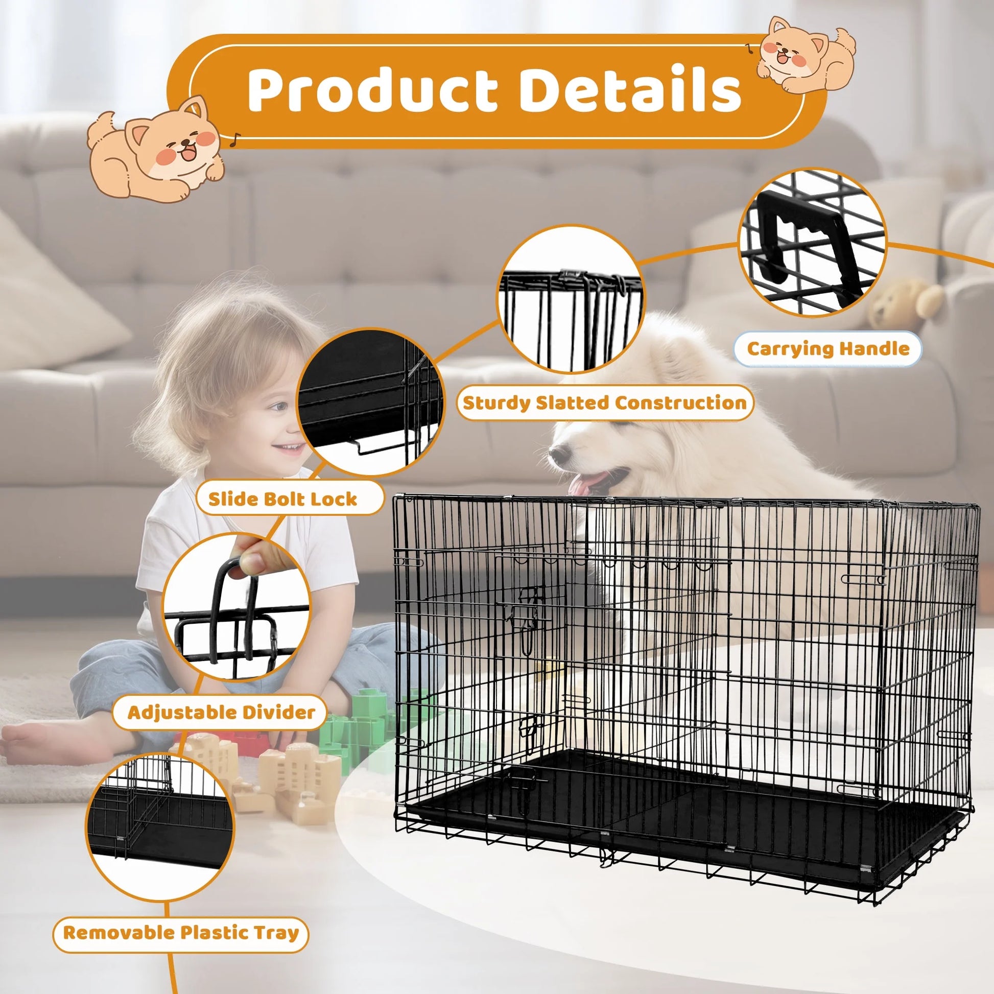 36 Inch Dog Crate, Dog Crates and Kennels Foldable Large Dog Crate for Large Dogs with Handle Double-Door Outdoor Metal Wire Dog Cage with Plastic Tray for Medium Dogs, Black