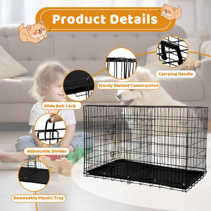 36 Inch Dog Crate, Dog Crates and Kennels Foldable Large Dog Crate for Large Dogs with Handle Double-Door Outdoor Metal Wire Dog Cage with Plastic Tray for Medium Dogs, Black