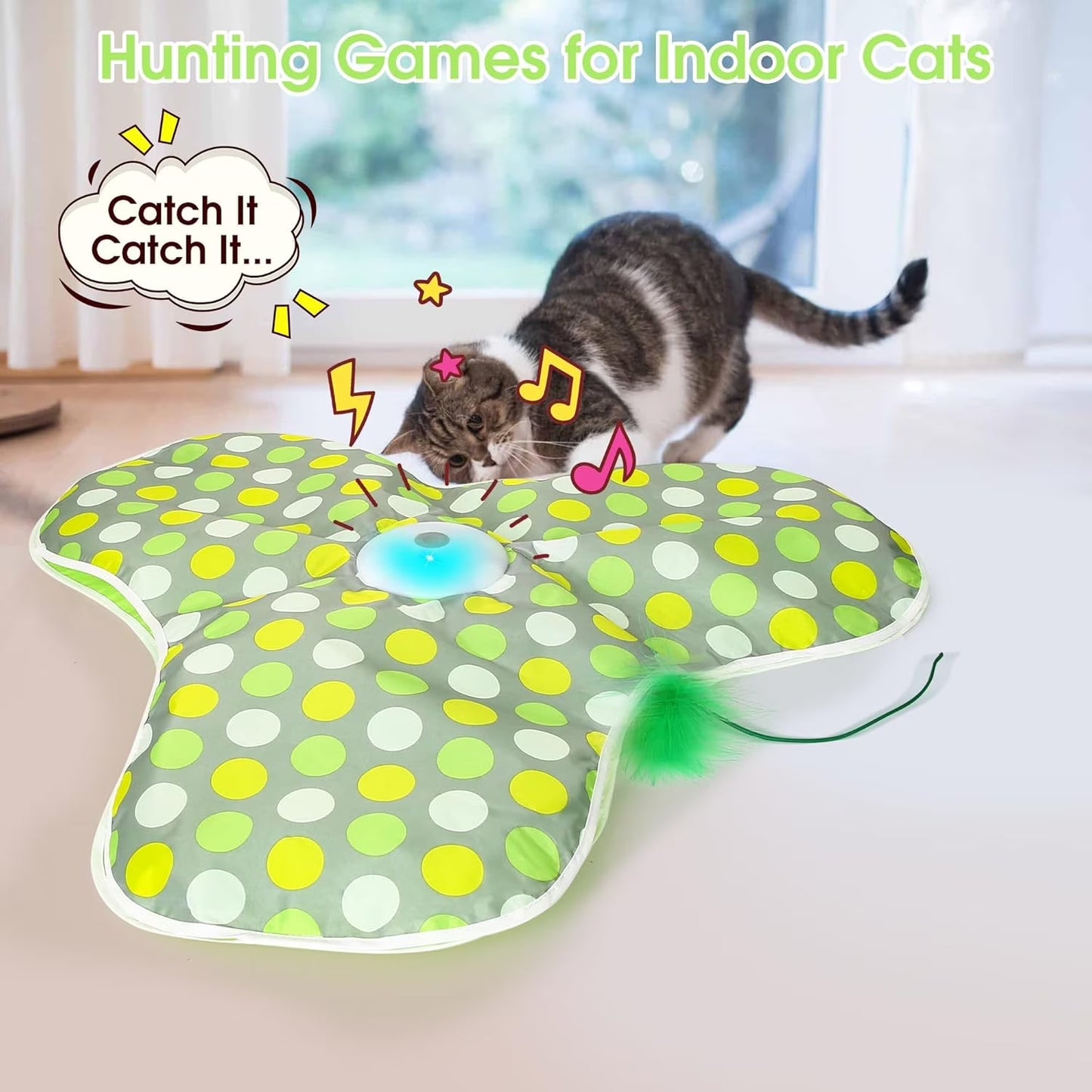Interactive Cat Toy, Self-Employment, Electric Cat Toy, Intelligence Toy for Cats with Removable Feathers, Automatic Mouse Catching Game, Green