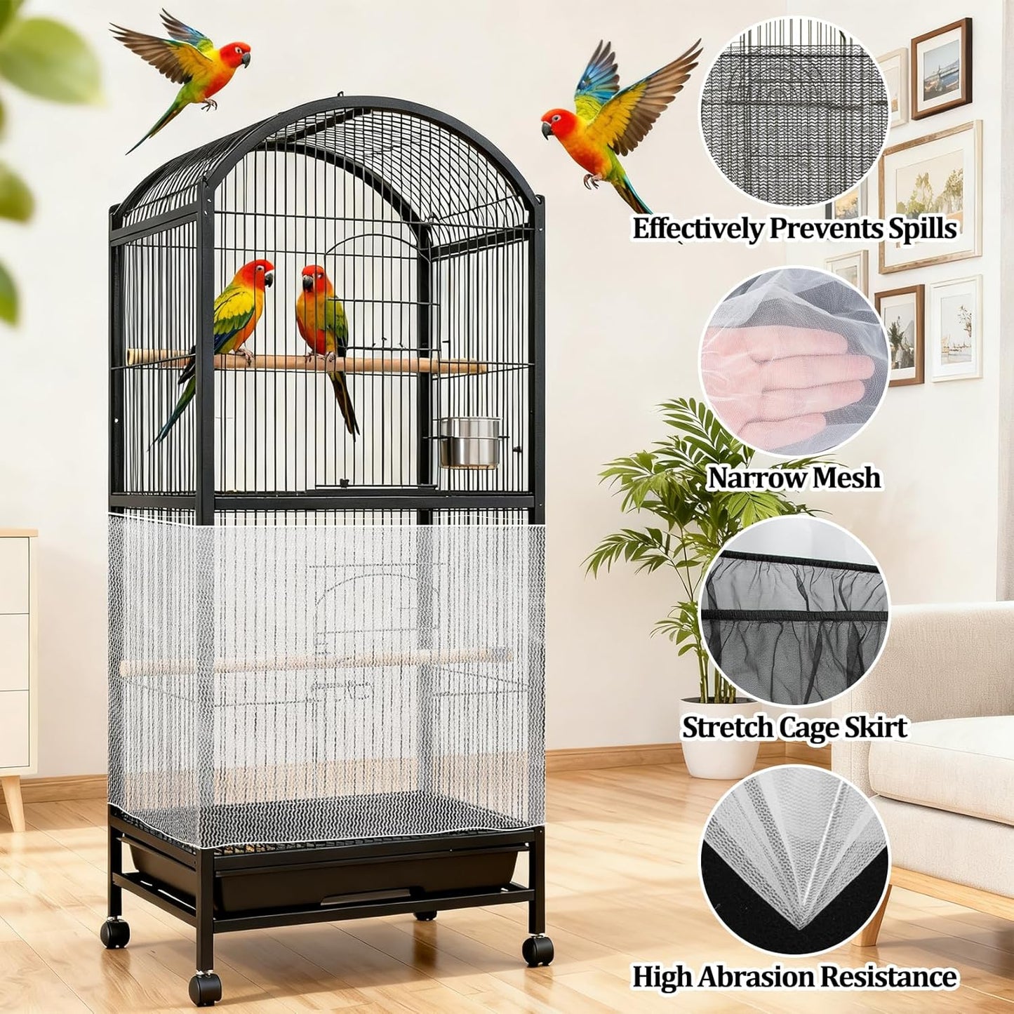 2 Pack Bird Cage Seed Catcher - Adjustable Bird Cage Skirt Cover with Breathable Mesh Netting, Universal Seed Catcher Net Cover Fit for Parrot Cage, Parakeet Cage, Large and Small Bird Cages | Black & White, Fits 55-100 in Circumference, 16 in High, Breathable Seed Guard for Parrot, Parakeet and Cockatiel Cages