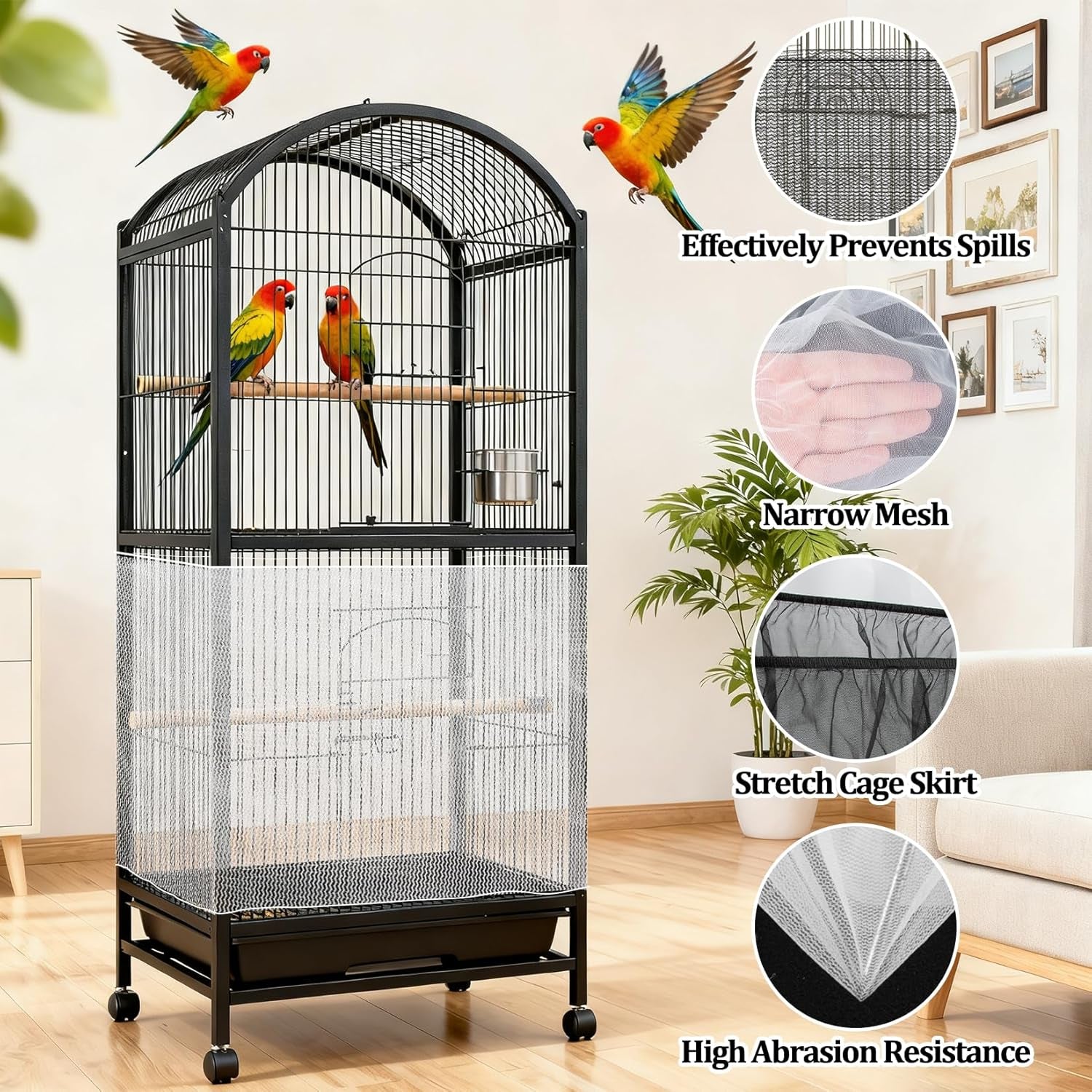 2 Pack Bird Cage Seed Catcher - Adjustable Bird Cage Skirt Cover with Breathable Mesh Netting, Universal Seed Catcher Net Cover Fit for Parrot Cage, Parakeet Cage, Large and Small Bird Cages | Black & White, Fits 55-100 in Circumference, 16 in High, Breathable Seed Guard for Parrot, Parakeet and Cockatiel Cages