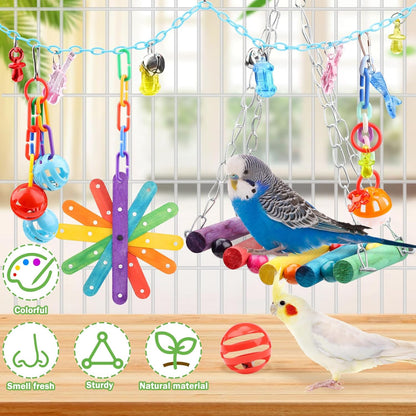 9 Pcs Parakeet Cockatiel Bird Toys, Parrots Cage Accessories Swing Rope Hanging Wooden Perch Chewing Toy for Budgerigar, Parrot, Cockatiel