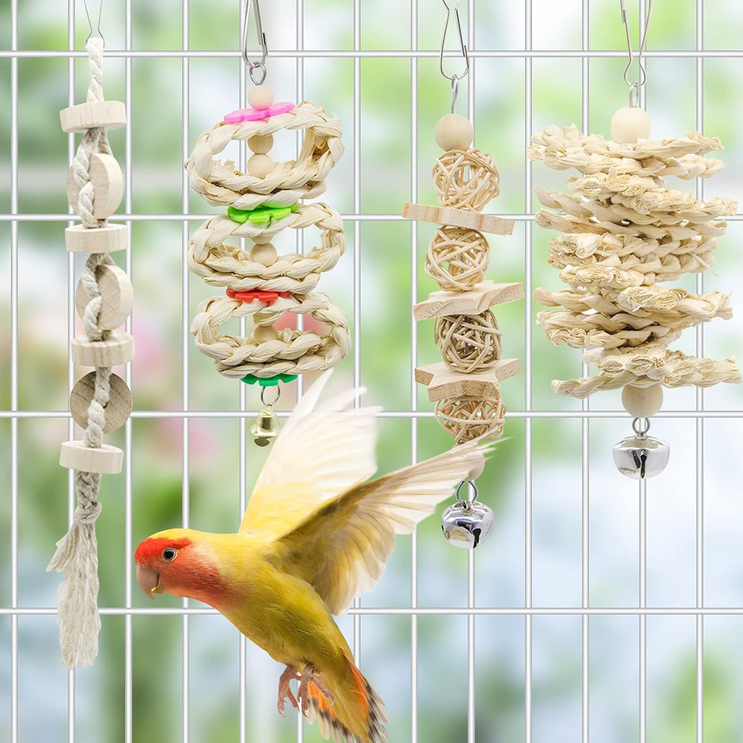 7 Packs Bird Parrot Swing Chewing Toys-Hanging Bell Bird Cage Playing Toys | Hanging Rope and Clip Design, Suitable for Small Parakeets, Cockatiels, Conures, Finches,Budgie,Macaws, Parrots, Love Birds