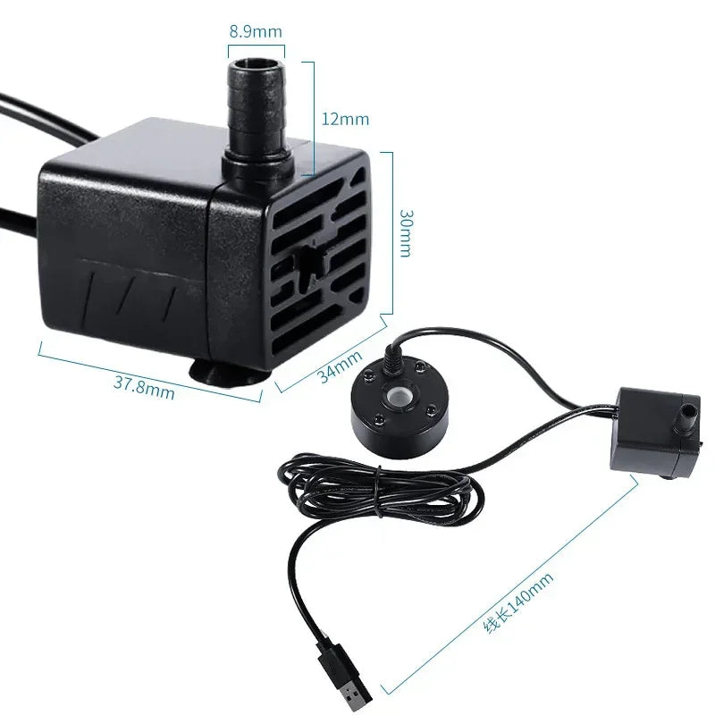 2-IN-1 USB 5V Water Pump Ultrasonic Atomizer Mist Maker Fogger for Pond Garden Rockery Fountain Fish Tank Landscaping Humidifier