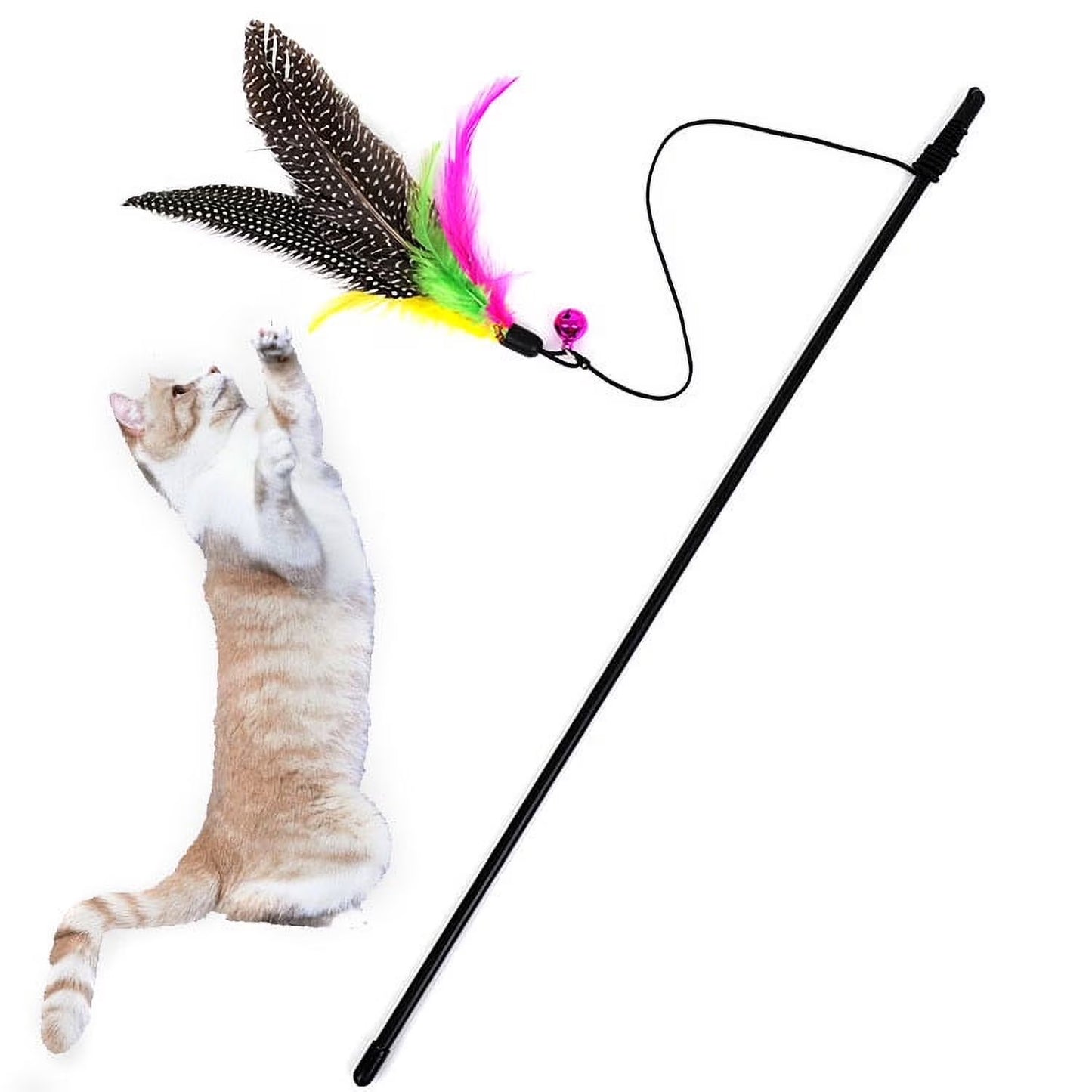 OAVQHLG3B Cat Wand Toys, Interactive Cat Toys with Feather Refills, Sturdy Wood Handle & Bell, Interactive Cat Toy Wand Kitten Toys for Indoor Cats to Play Chase Exercise