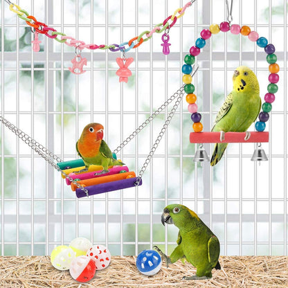 Bird Parakeet Toys - Swing Hanging Standing Chewing Hammock Climbing Ladder Bird Cage Colorful Toys Suitable for Budgerigar, Parakeet, Conure, Cockatiel, Mynah, Love Birds, Finches