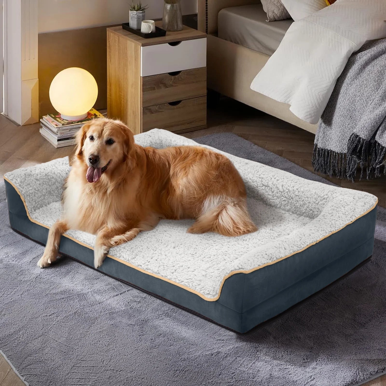 Dog Bed for Large Medium Small Dogs Orthopedic Dog Sofa Bed Non Slip Pet Couch with Removable Washable Cover Supportive Egg Crate Foam S to XL, White and Gray