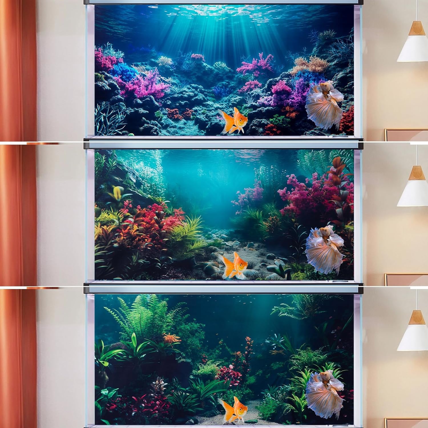 3 Pack Aquarium Background, 48X18 Inch Polyester Aquarium Background | Cloth Fish Tank Background, Undersea Corals Sunshines & Rock Aquatic Plants, Backgrounds for Fish Tank