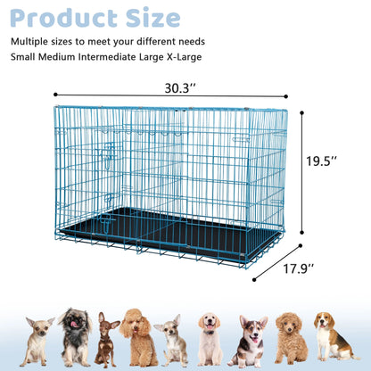 30 Inch Dog Crates, Dog Crates and Kennels Folding Mental Wire Crates Dog Kennels Outdoor and Indoor Pet Dog Cage Crate with Double-Door,Divider Panel, Removable Tray and Handle, Blue