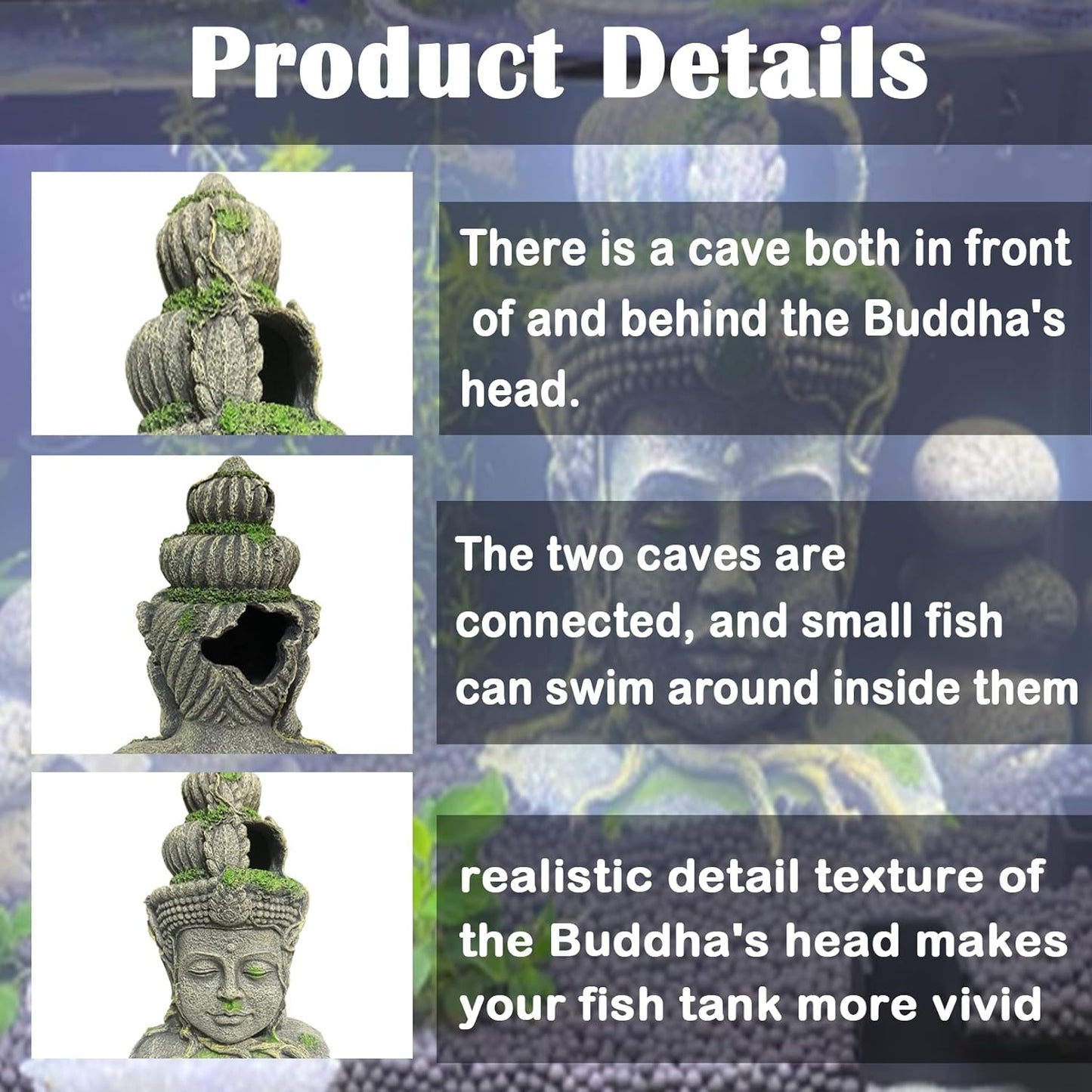 Aquarium Buddha Head Statue Decor Betta Resin Hideout Cave Fish Tank Accessories Sleep Rest Conceal Breed for Fish Shrimp Reptile Amphibian (1 PCS)