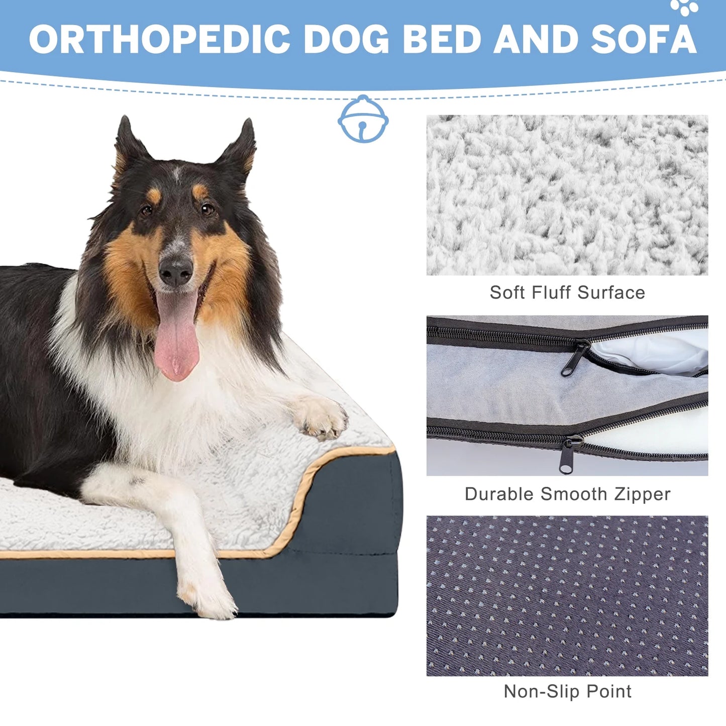 Dog Bed for Large Medium Small Dogs Orthopedic Dog Sofa Bed Non Slip Pet Couch with Removable Washable Cover Supportive Egg Crate Foam S to XL, White and Gray