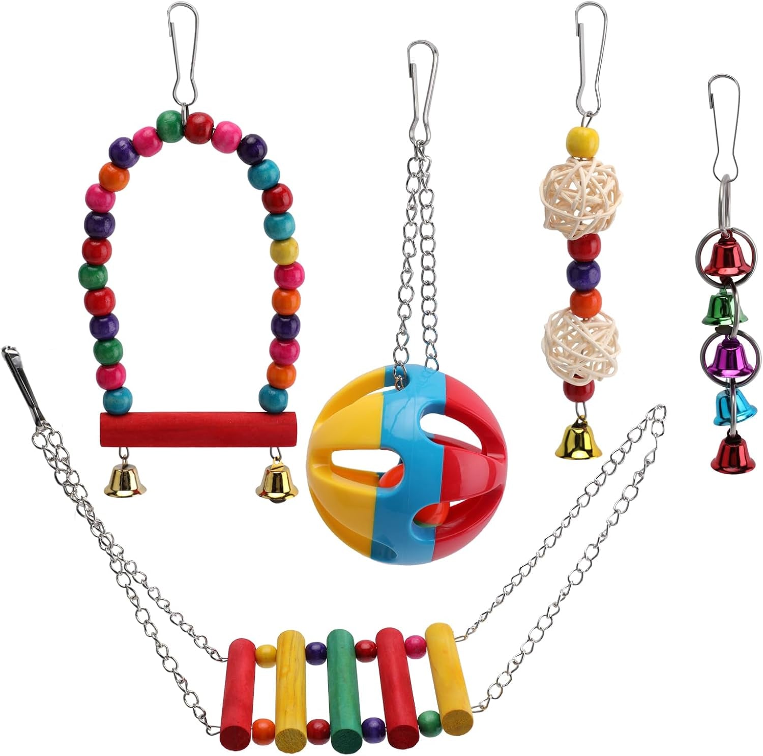 5 in 1 Bird Parakeet Toys, Detachable Birdie Perches Platform Swing with Climbing Ladder, Parrot Cage Stand Accessories, Wooden Playing Gyms for Conure Cockatiel Parrot, Bird Wooden Playground