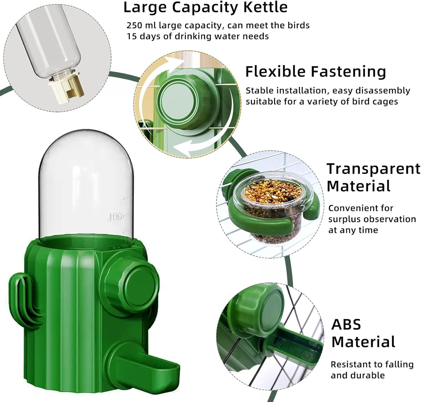 3Pcs No Mess Bird Water Dispenser Bird Cage Feeder Accessories for Parakeet | Plastic,Automatic,Installation,Washable,Detachable,With Bird Food Feeder Perch Stand,For Lovebirds Cockatiel Budgie