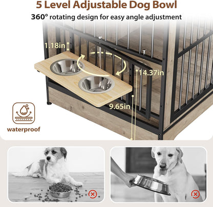 78 Double Dog Crate Furniture for 2 Large Dogs Indoor, Wooden Furniture Dog Crates with Dog Bowl, Dog Kennel Furniture TV Stand Large Breed Grey