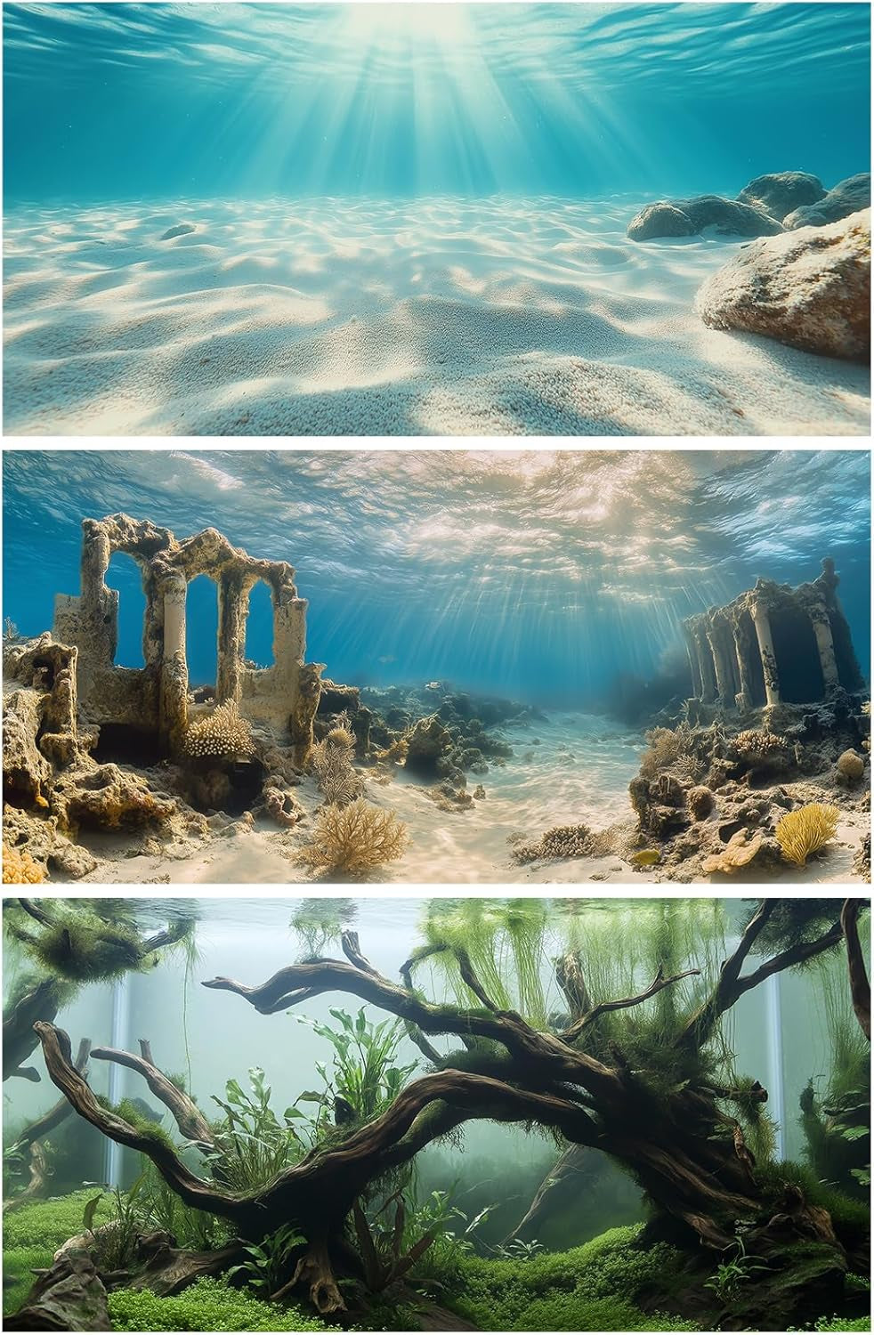 3 PCS Aquarium Background, 48X24 Inch Polyester Fish Tank Background | Cloth Fish Tank Background, Undersea Ruins Floor Sunshines & Tree Wood Branches Aquatic Plants